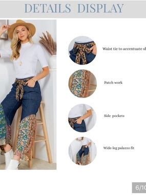 Wide-Leg Patchwork Palazzo Pants in Blue with Floral Accents